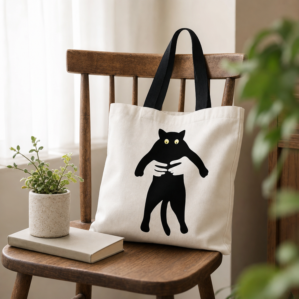 Tote bag chat noir pose sur une chaise