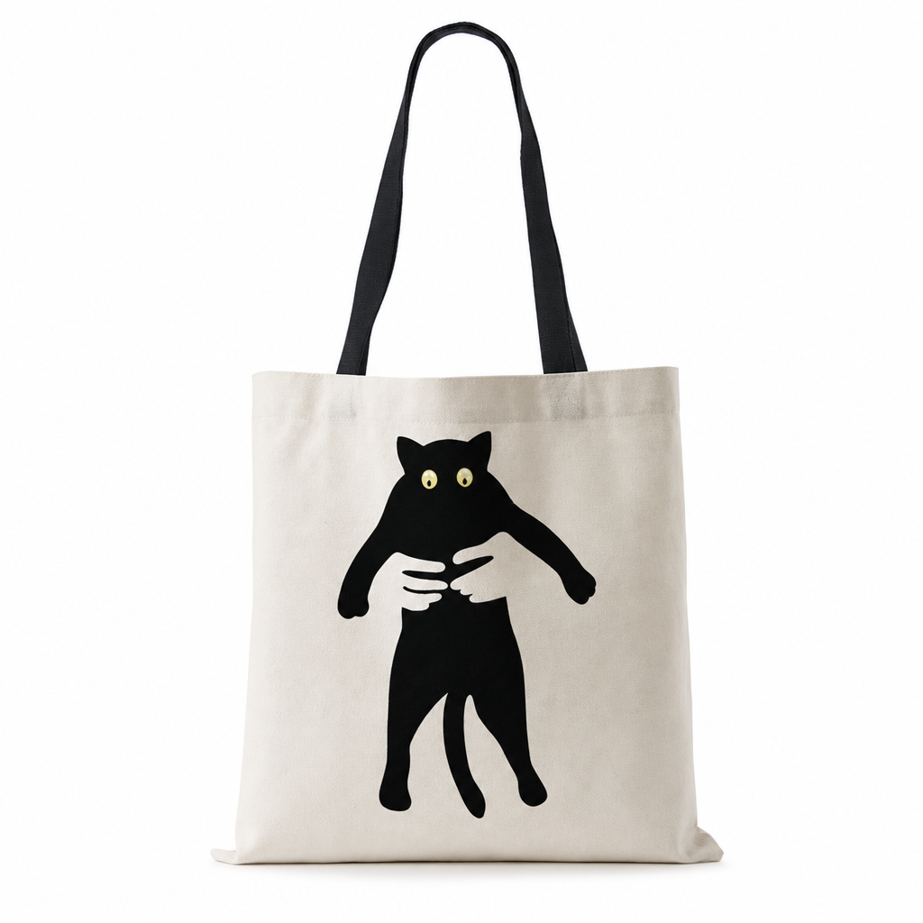 Tote bag chat noir en coton naturel, fond blanc