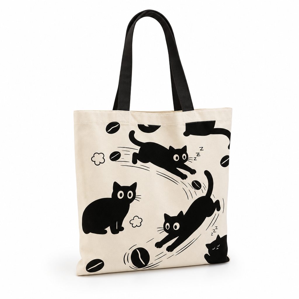 Tote bag chat noir espiegle en toile, fond blanc