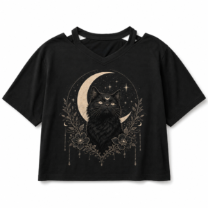 T-shirt chat noir gothique lune, fond blanc