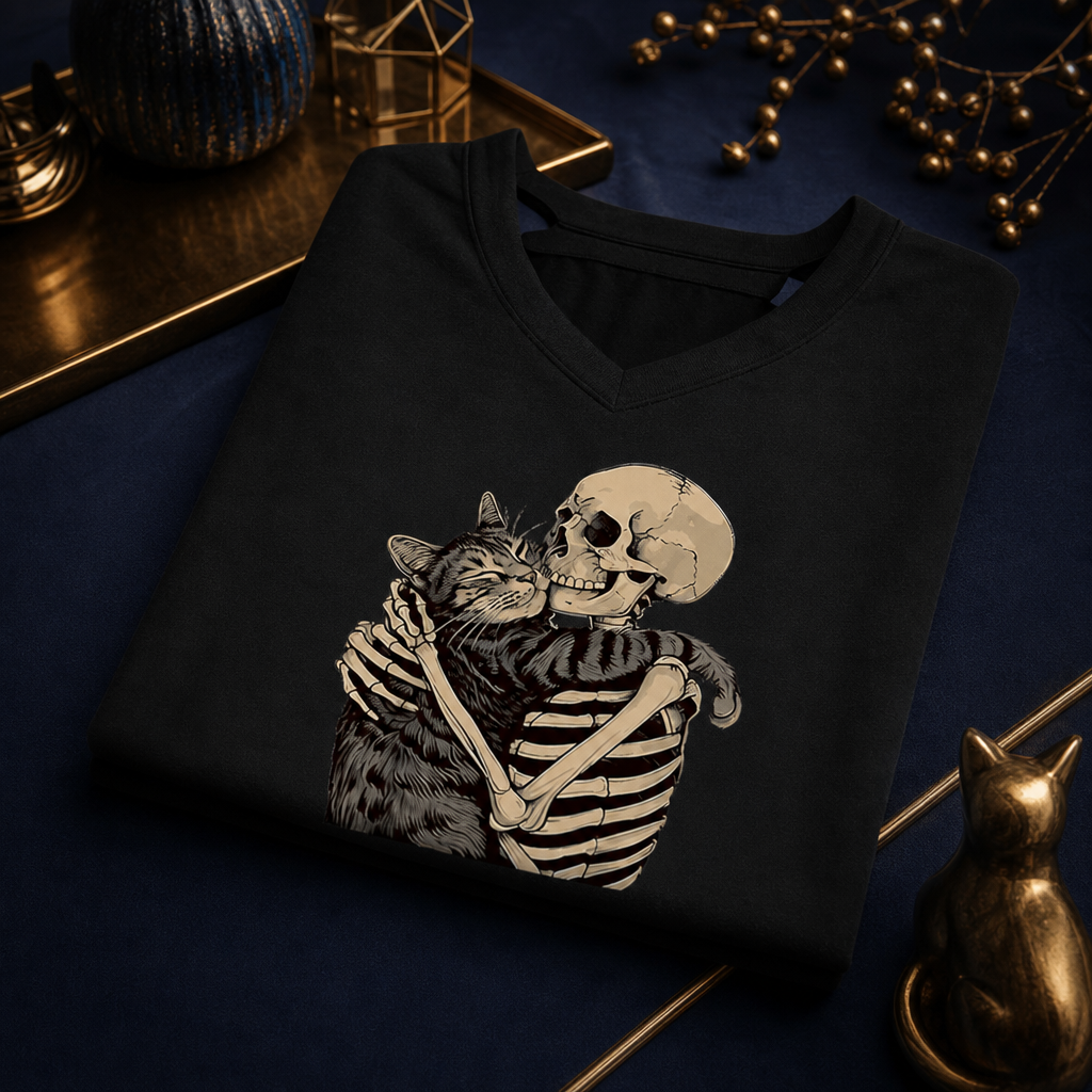 T-shirt chat noir gothique plie sur fond bleu nuit
