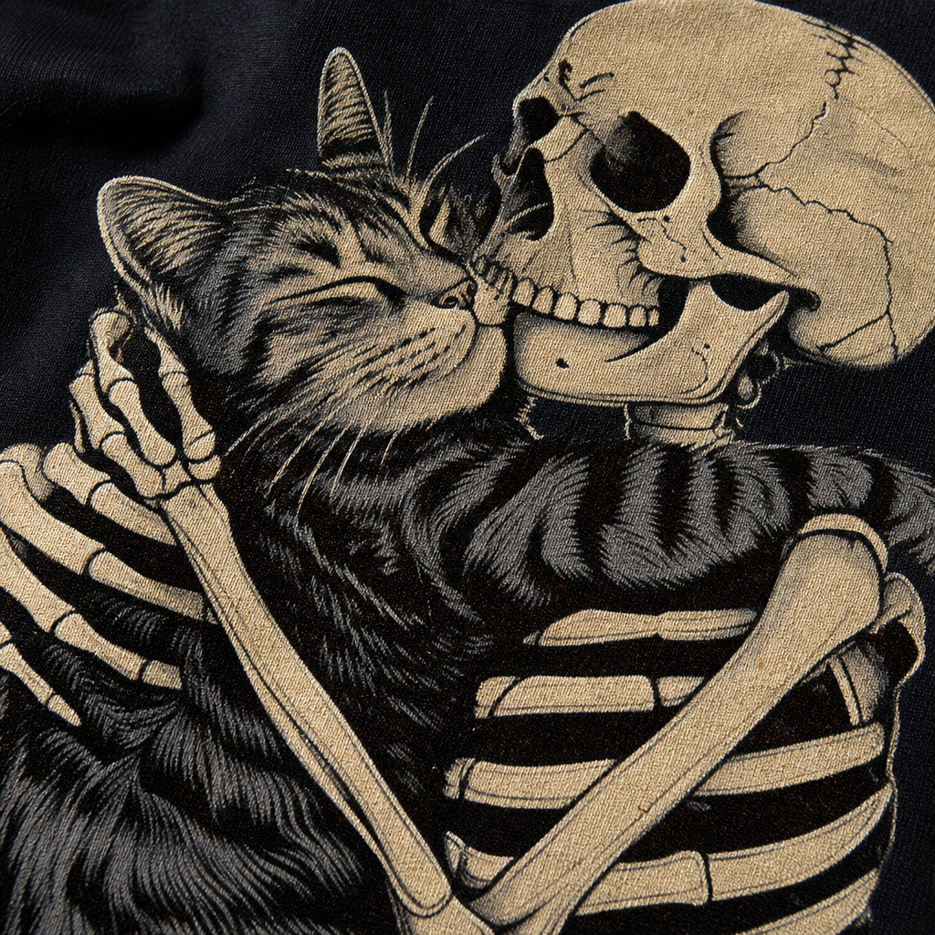 Gros plan sur l imprime mystique du t-shirt chat noir
