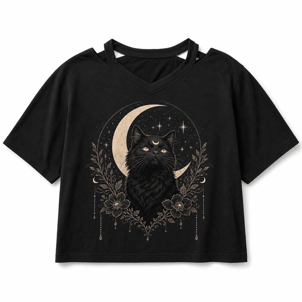 T-shirt chat noir gothique lune, fond blanc