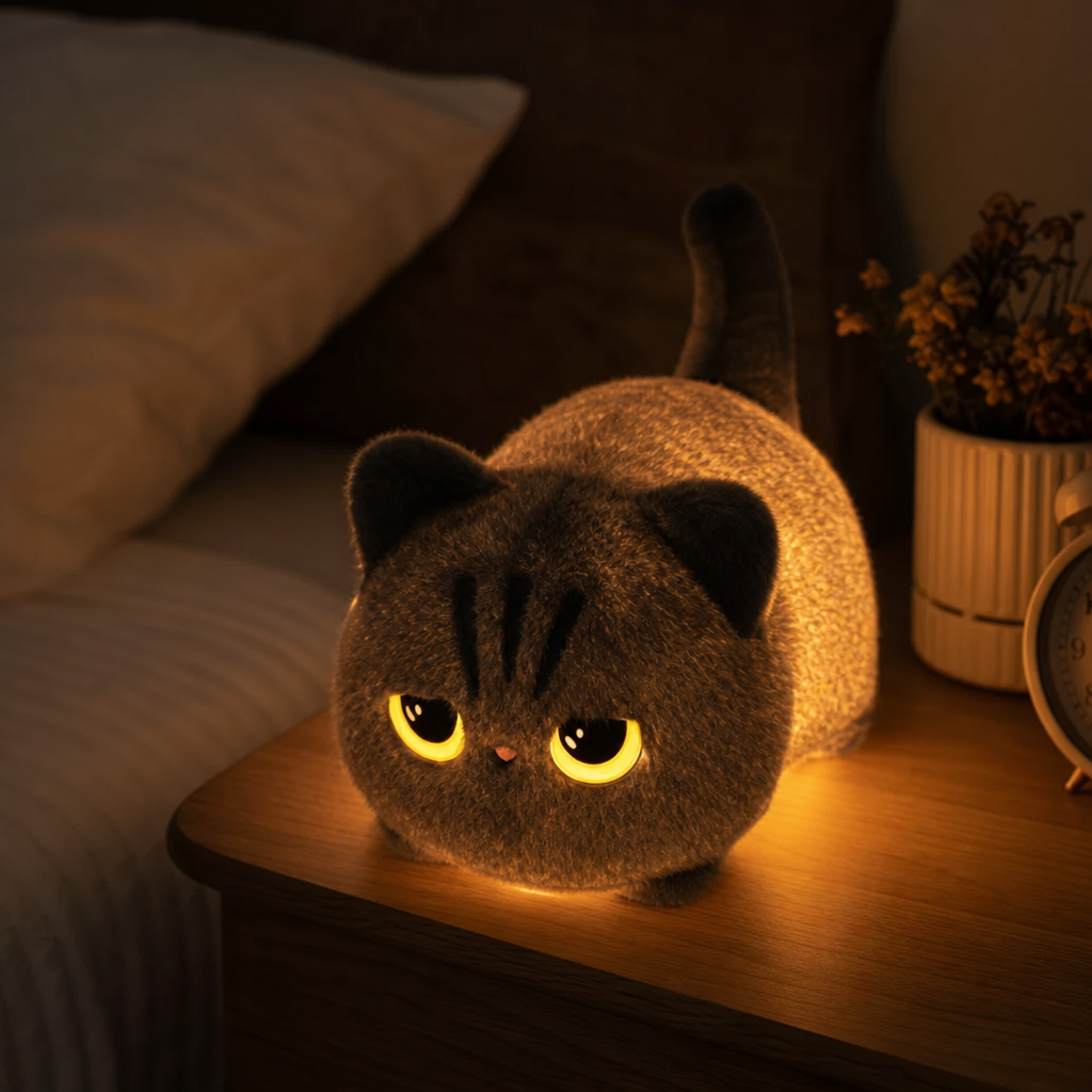 Veilleuse chat noir allumee sur une table de chevet