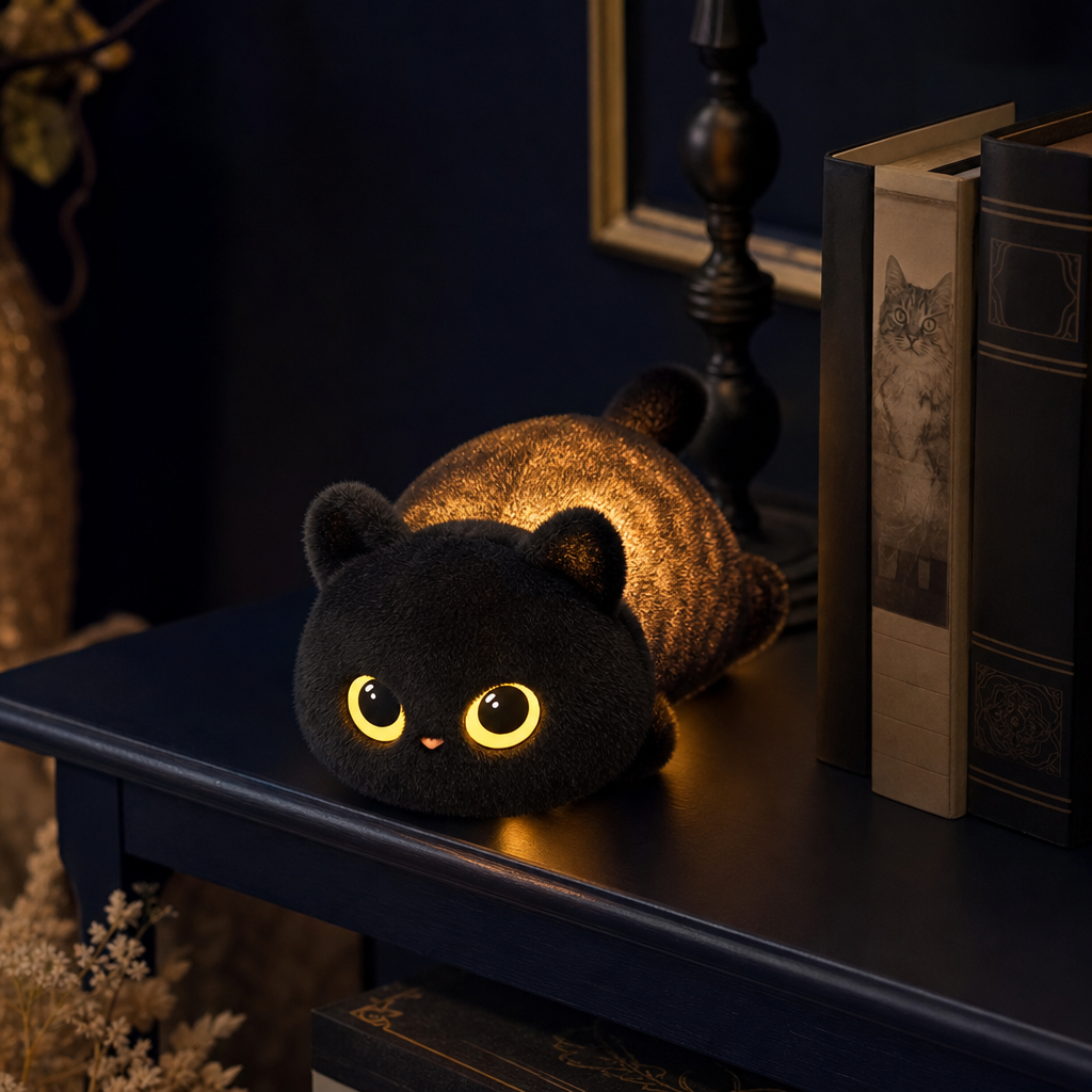 Veilleuse chat noir sur une etagere
