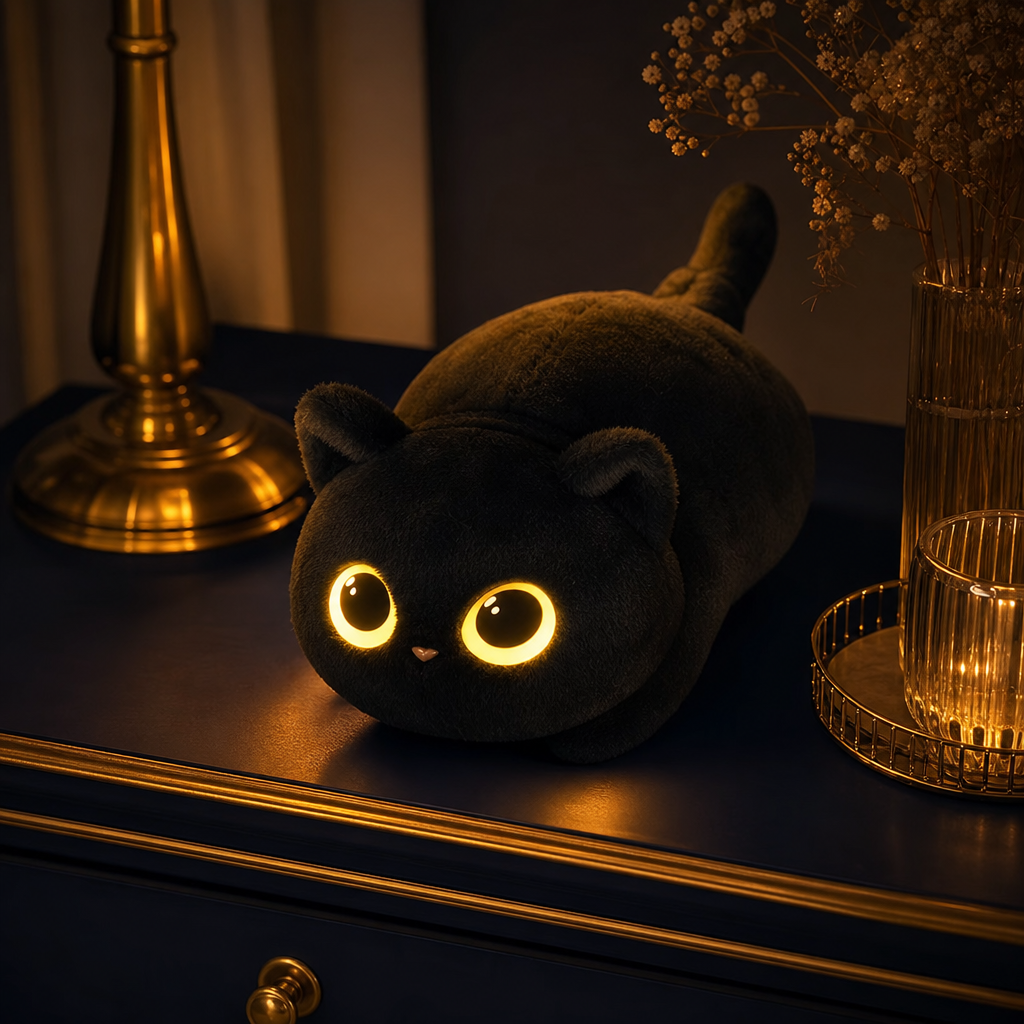 Veilleuse chat noir allumee sur table bleu nuit
