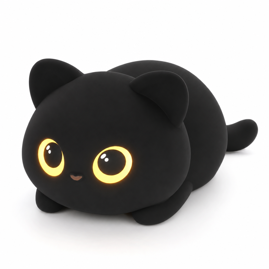 Veilleuse chat noir yeux d or, fond blanc