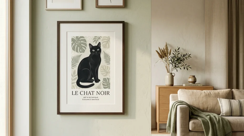 Tableau de chat noir encadré sur un mur clair dans un intérieur moderne