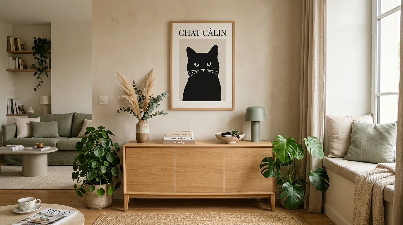 Tableau de chat noir encadré au-dessus d'un buffet dans un salon lumineux