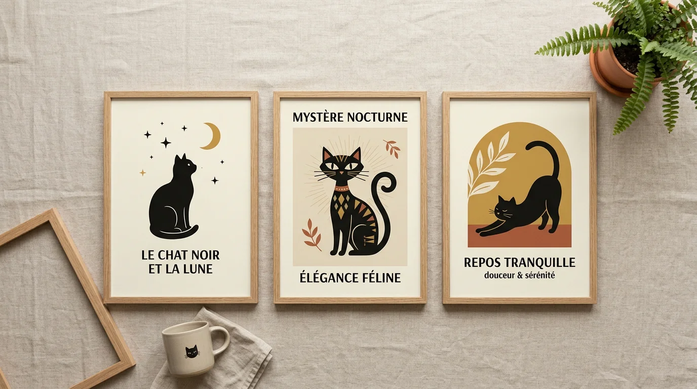 Trois affiches illustrées de chat disposées en flat lay sur fond neutre