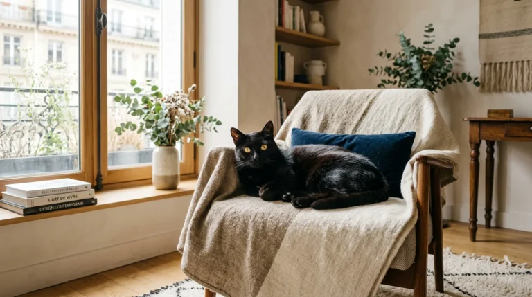 Chat noir élégant photographié en lumière naturelle dans un salon