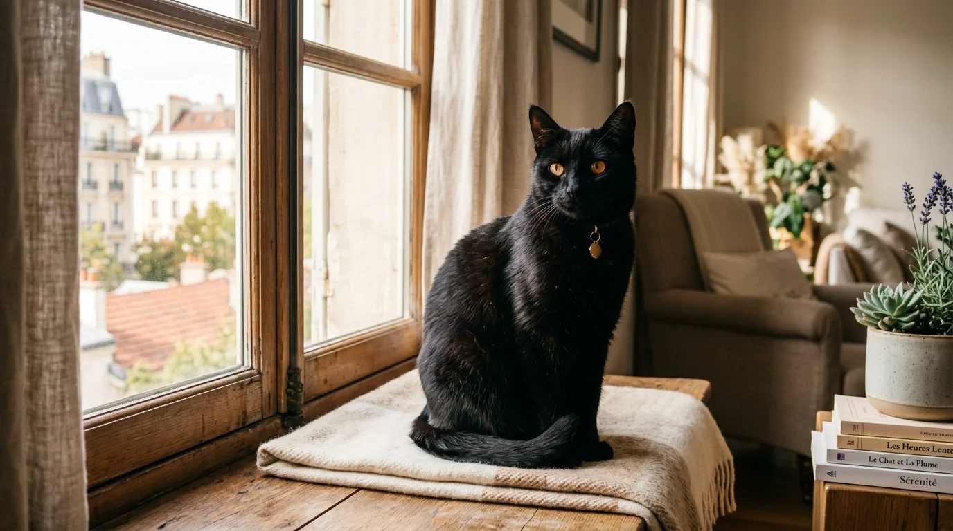 Chat noir photographié près d'une fenêtre en lumière naturelle douce