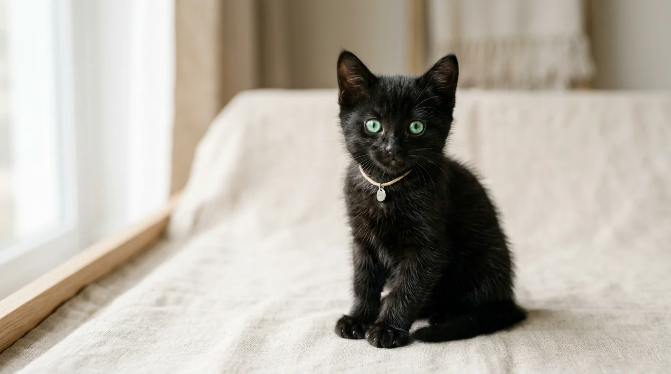 Portrait d'un chaton noir sur fond clair mettant ses yeux en valeur