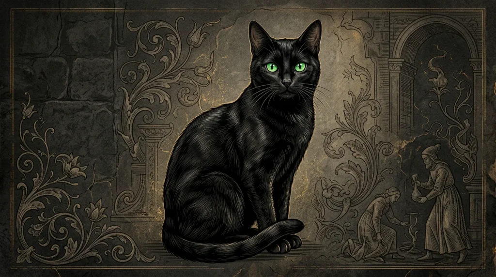 Portrait élégant d'un chat noir aux yeux verts sur fond sombre