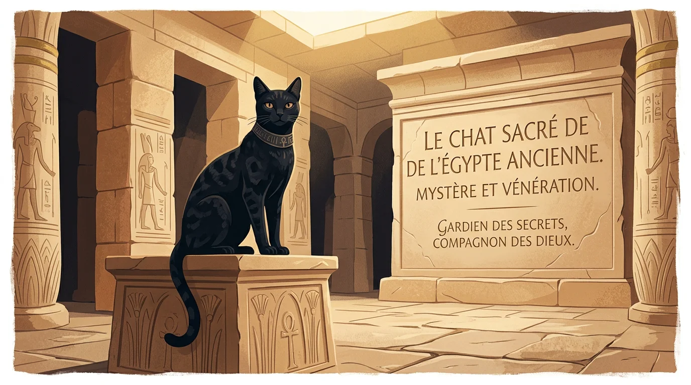 Chat noir vénéré dans un décor évoquant l'Égypte antique