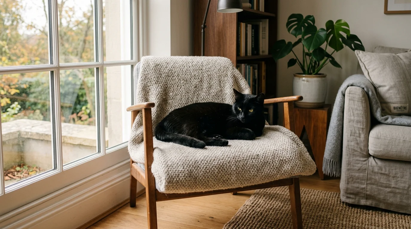 Chat noir apaisé dans un intérieur chaleureux et lumineux