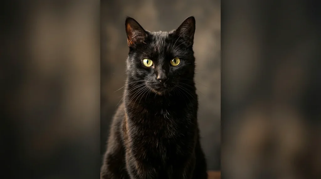 Portrait élégant d'un chat noir aux yeux lumineux sur fond neutre