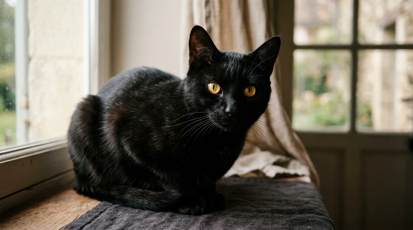 Portrait rapproché d'un chat noir aux yeux dorés près d'une fenêtre