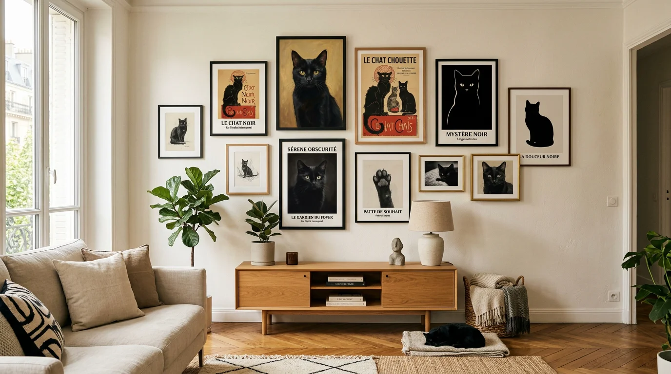 Mur de salon décoré d'affiches et portraits encadrés de chats noirs