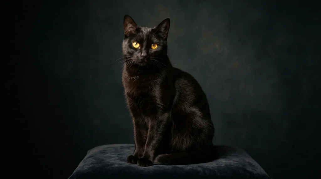Portrait éditorial d'un chat noir élégant aux yeux dorés