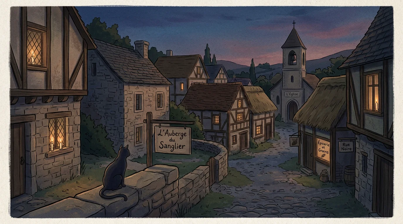 Un chat noir sur un muret dans un village médiéval au crépuscule