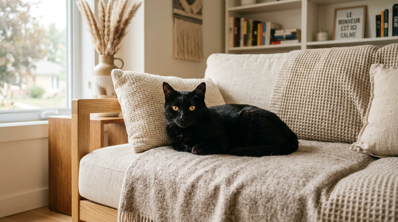 Un chat noir aux yeux dorés installé sur un canapé dans un intérieur chaleureux