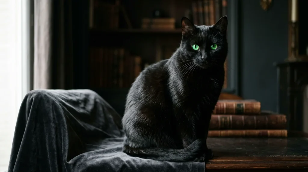 Portrait éditorial d'un chat noir majestueux aux yeux verts