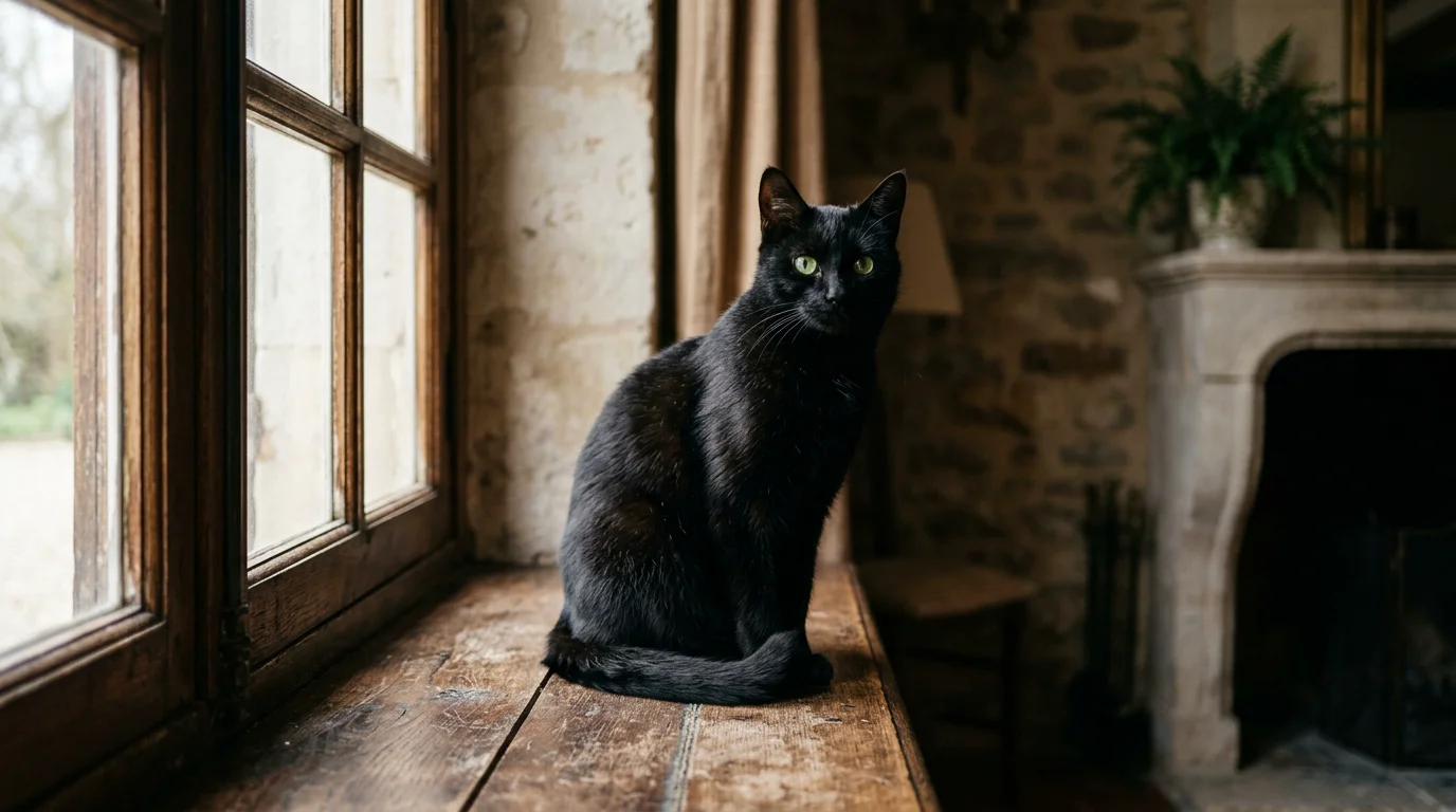 Chat noir élégant assis sur un rebord de fenêtre en bois