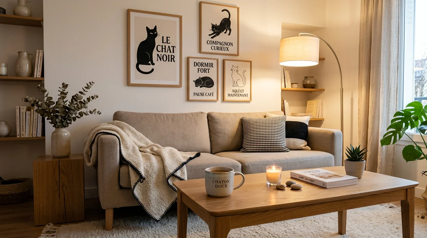 Salon décoré avec des tableaux et posters de chat noir