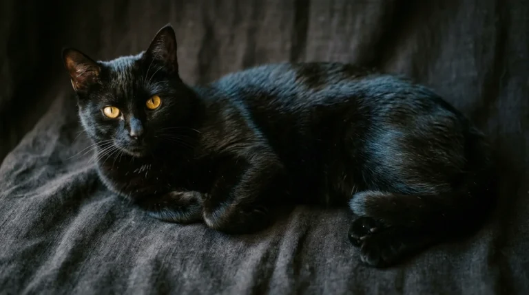 Chat noir majestueux aux yeux dorés mis en valeur par une lumière douce