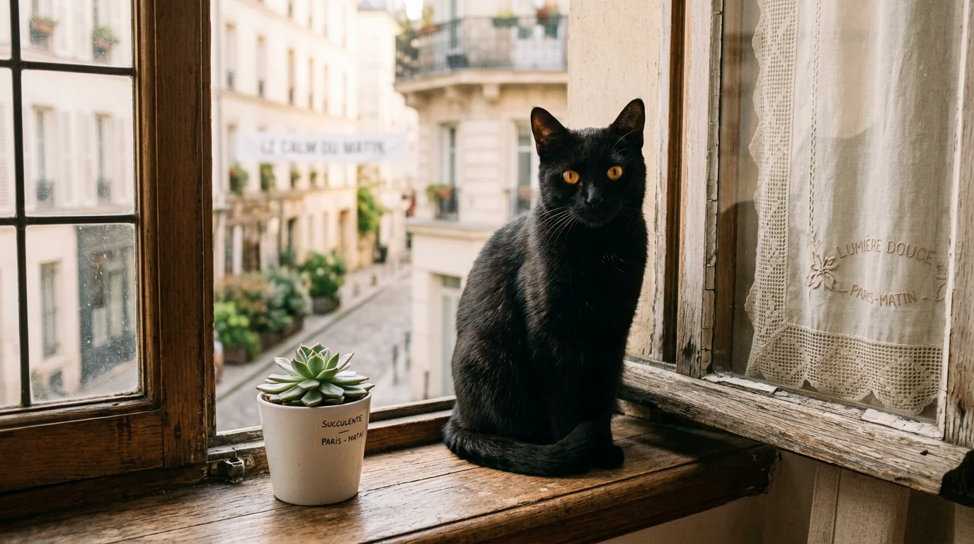 Chat noir élégant aux yeux ambrés posé sur un rebord de fenêtre