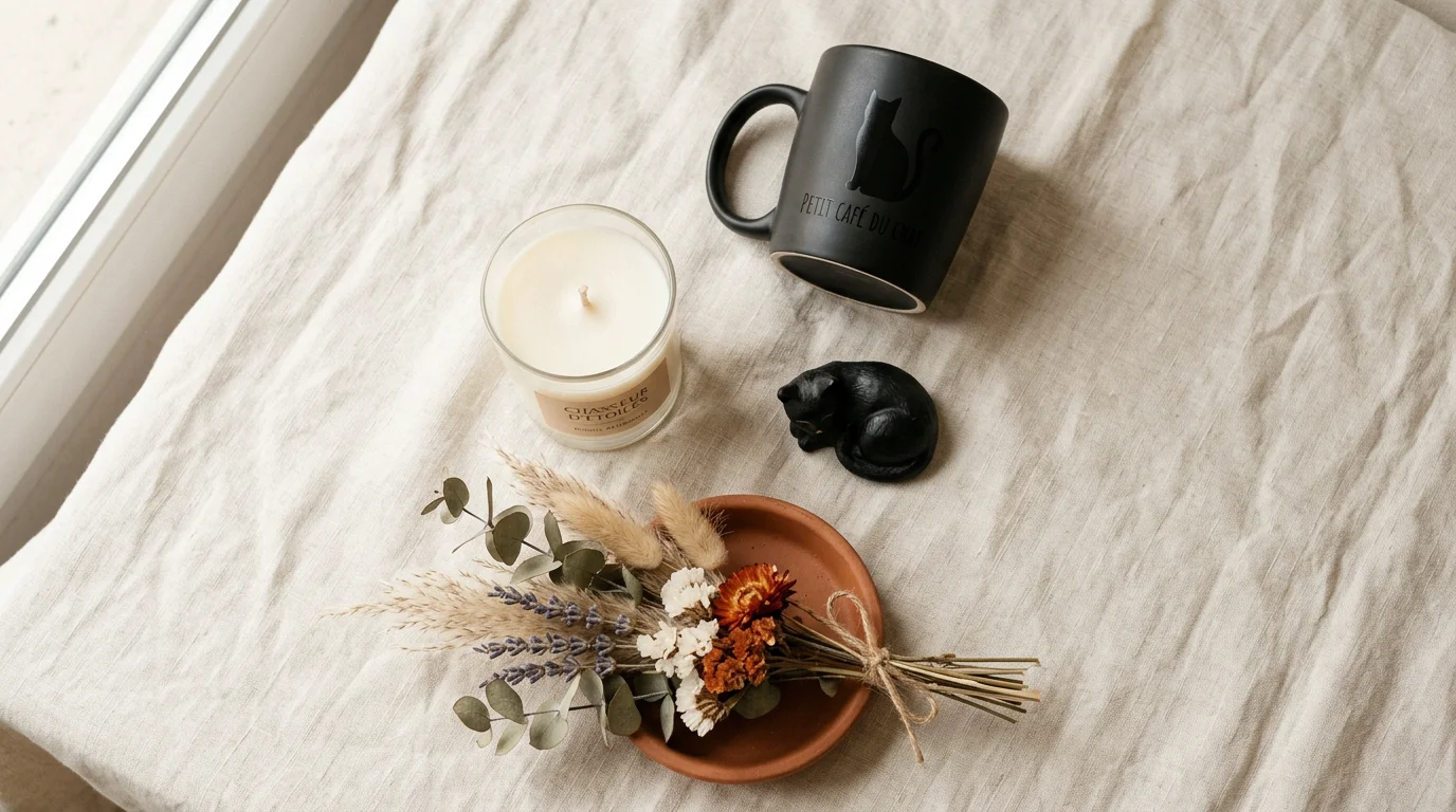 Objets de décoration sur le thème du chat noir disposés en flat lay