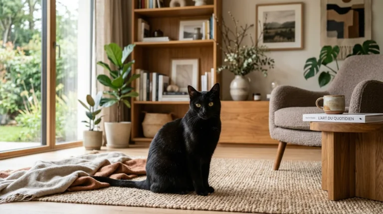 Chat noir élégant aux yeux dorés posé dans un salon chaleureux