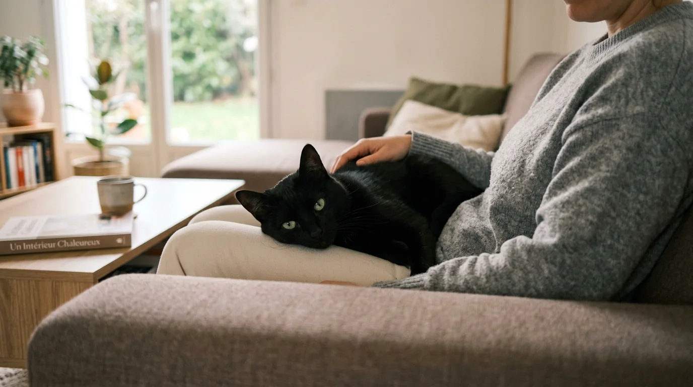 Chat noir affectueux blotti sur les genoux de son propriétaire dans un salon lumineux
