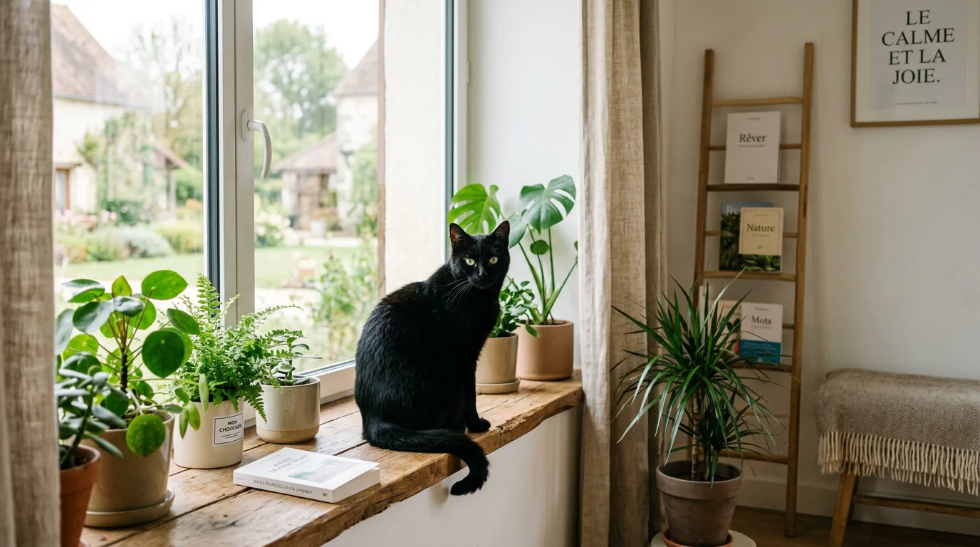 Chat noir attentif et joueur assis sur un rebord de fenêtre lumineux