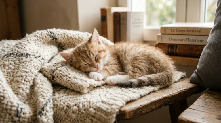 Chaton adorable aux grands yeux blotti sur une couverture douce