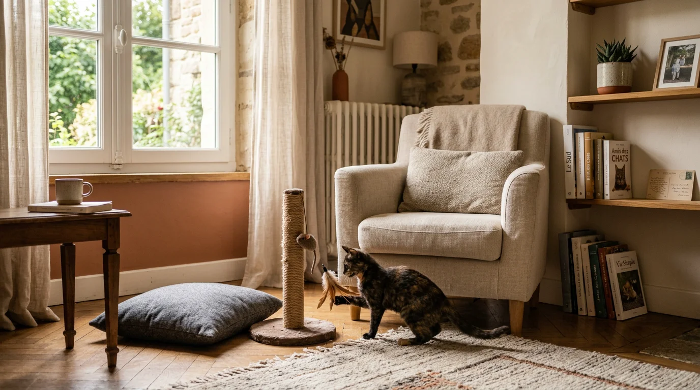 Jeune chat qui joue dans un intérieur chaleureux