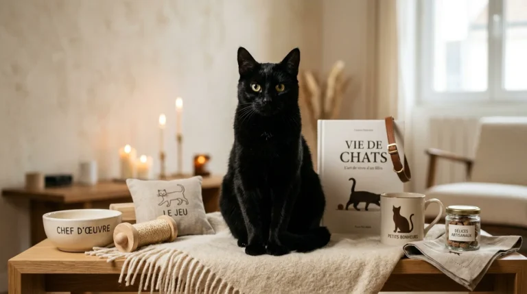 Chat noir élégant fixant l'objectif au milieu d'objets déco félins