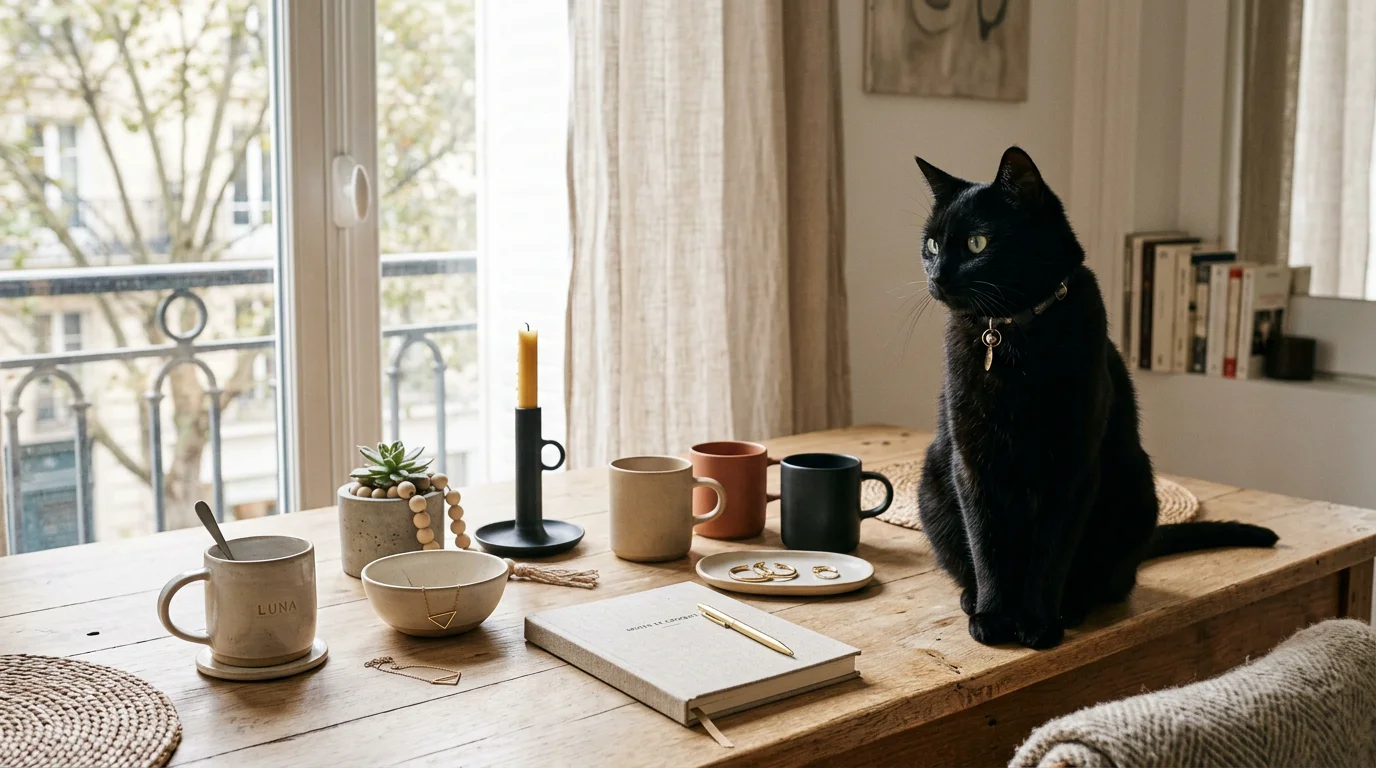 Chat noir élégant entouré d'objets déco et de bijoux sur une table en bois clair