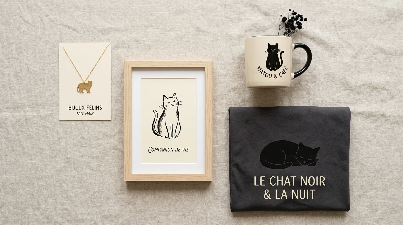 Composition à plat de produits sur le thème du chat noir, bijou, mug et t-shirt