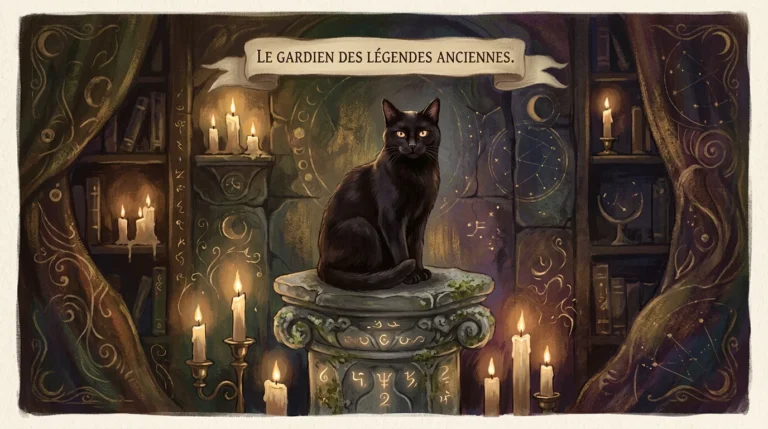 Chat noir majestueux évoquant son histoire entre sacré et mystère