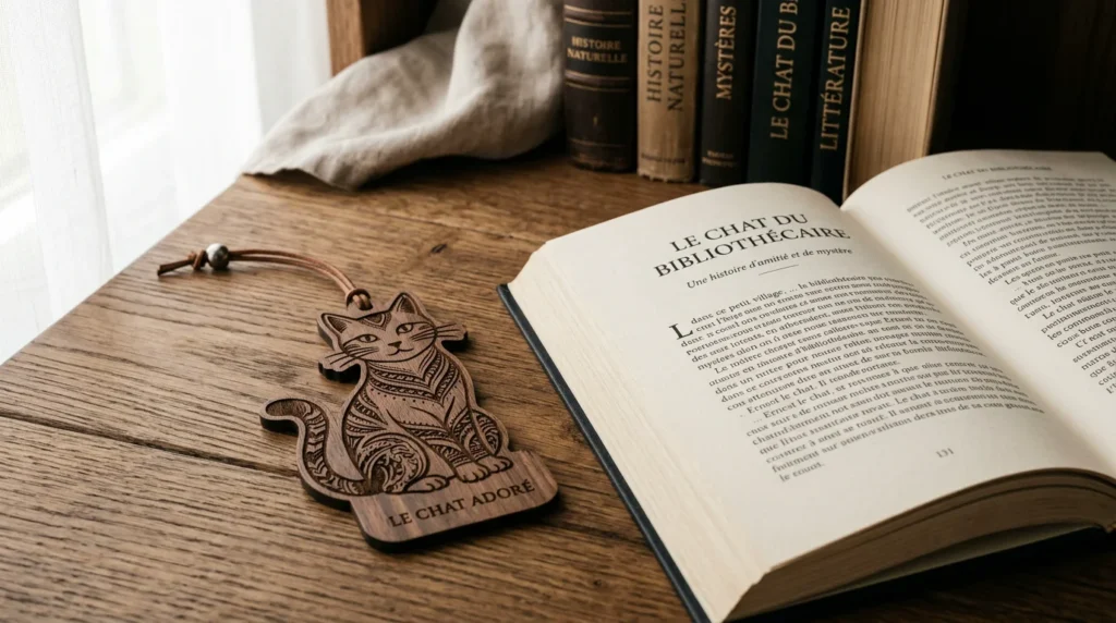 Marque-page en forme de chat en bois posé près d'un livre ouvert