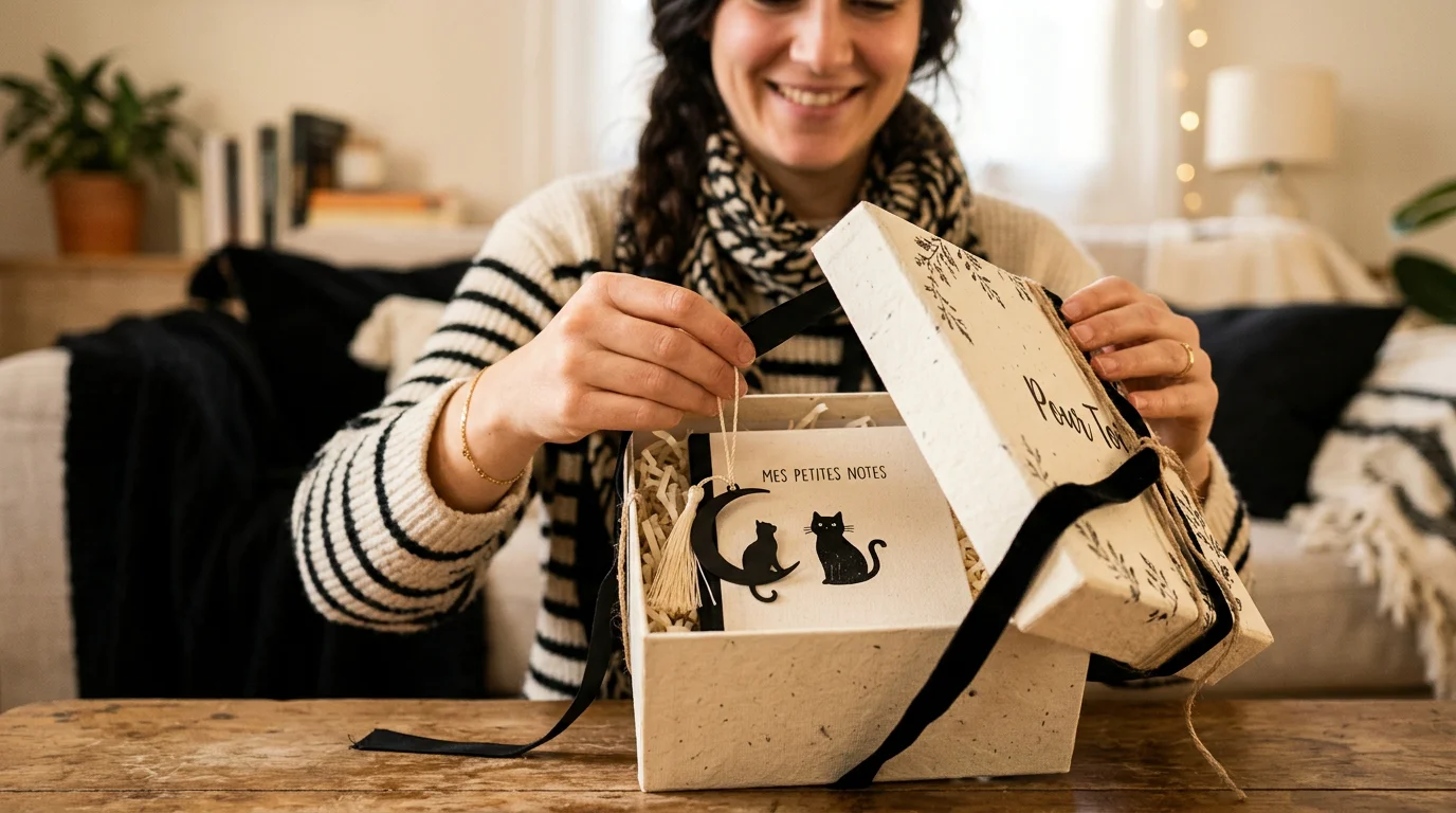 Cadeau contenant un marque-page chat et un carnet, ouvert par une personne