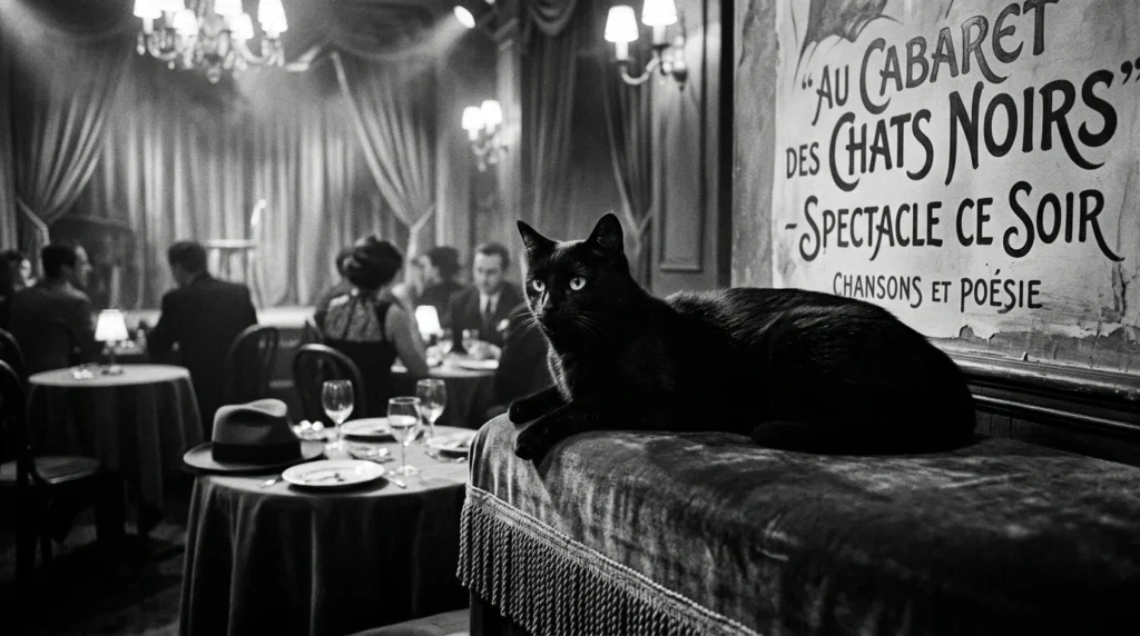 Chat noir élégant dans une ambiance de cabaret parisien vintage