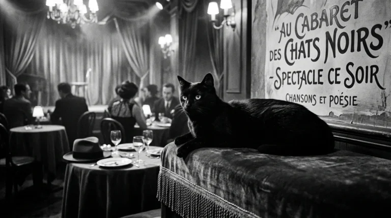 Chat noir élégant dans une ambiance de cabaret parisien vintage