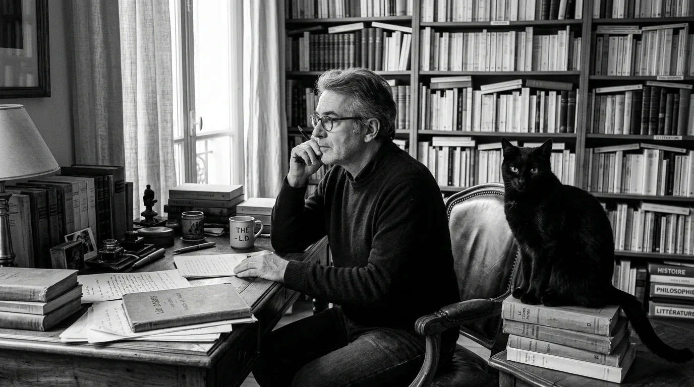 Écrivain posant en noir et blanc avec un chat noir sur son bureau