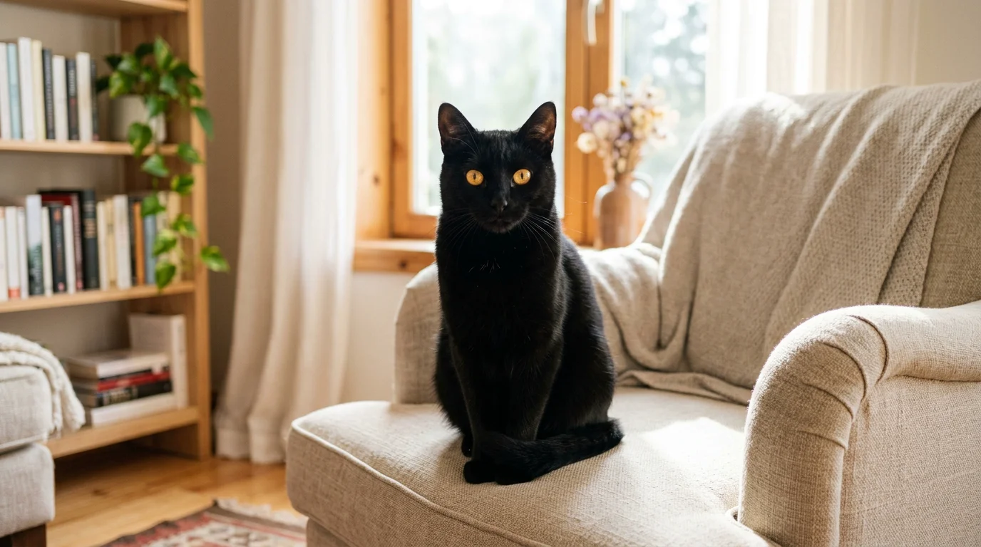 Chat noir aux yeux dorés posant dans un intérieur lumineux