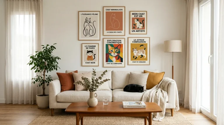 Salon lumineux avec une galerie murale d'affiches de chat au-dessus d'un canapé