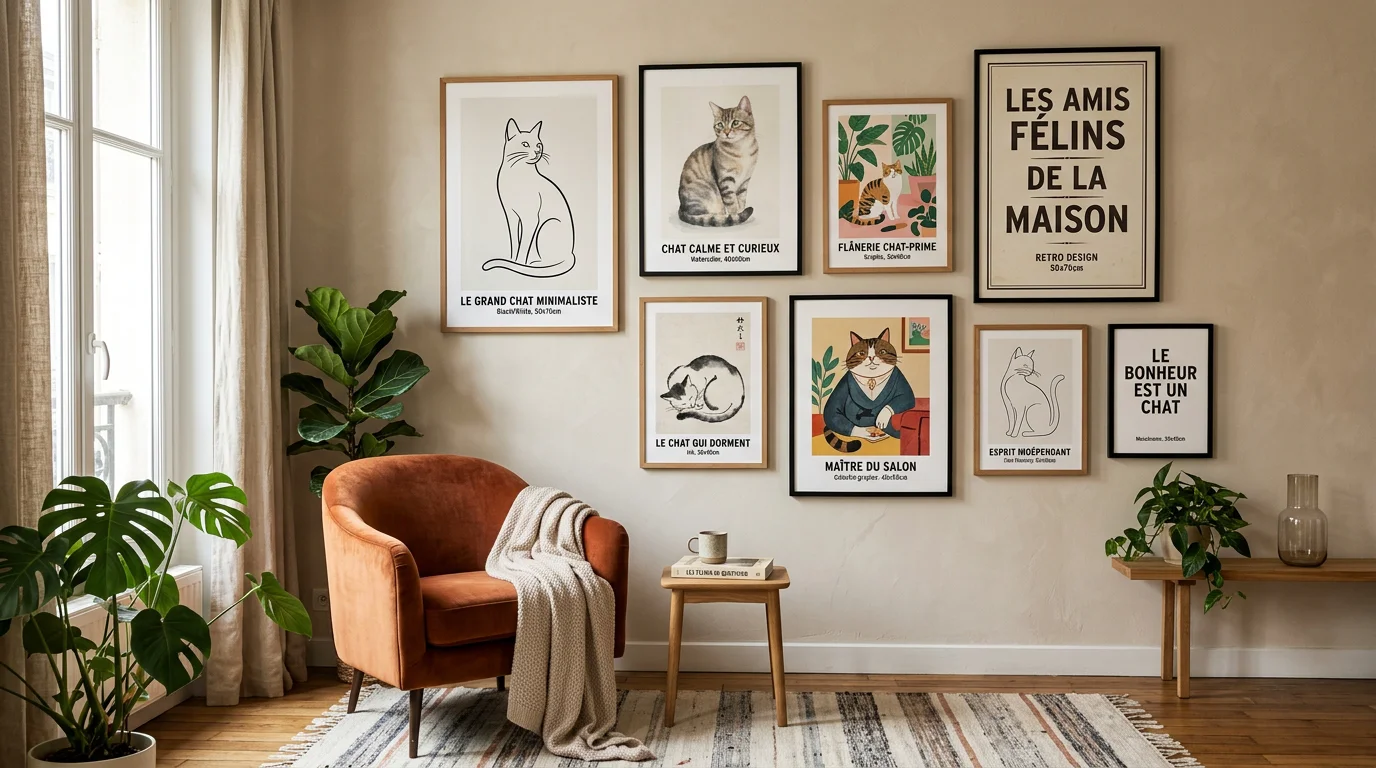 Mur de salon décoré de plusieurs affiches de chat encadrées dans des styles variés
