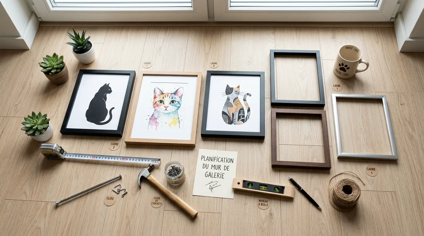 Préparation au sol d'une galerie murale avec trois affiches de chat et des cadres